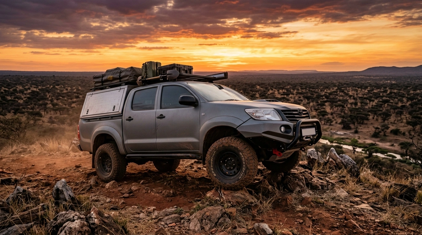 Toyota Hilux overlanding at sunset